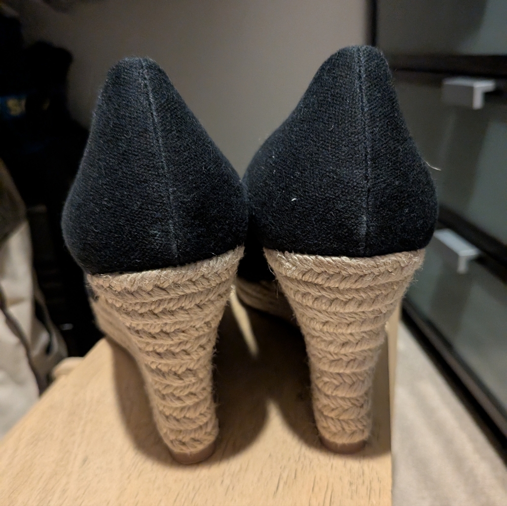 Tory Burch Black Canvas Peep Toe Wedge Pumps - Picture 6 of 10